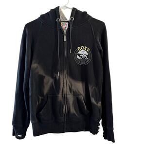 Roxy Y2K 90s Full Zip Sherpa Lined Black Hoodie Size Large Thrashed Grunge